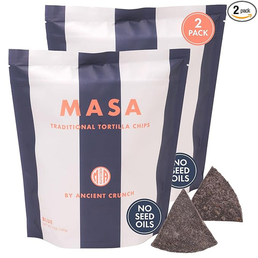 MASA Chips Blue Corn Tortilla Chips - Naturally Grown Blue Corn with Grass Fed Tallow and Sea Salt Tortilla Chips - No Seed-Oil Snacks - 2 Pack, 5 Ounce Each