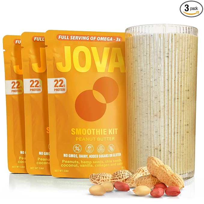 JOVA Peanut Butter Superfood Smoothie | 22 Protein, 10 Fiber, 10g Collagen, Daily Serving of Omega 3 | Made With Whole Foods: Oats, Dry Roasted Peanuts, Hemp and Chia Seeds (Ready in 1 Minute), 3-Pack