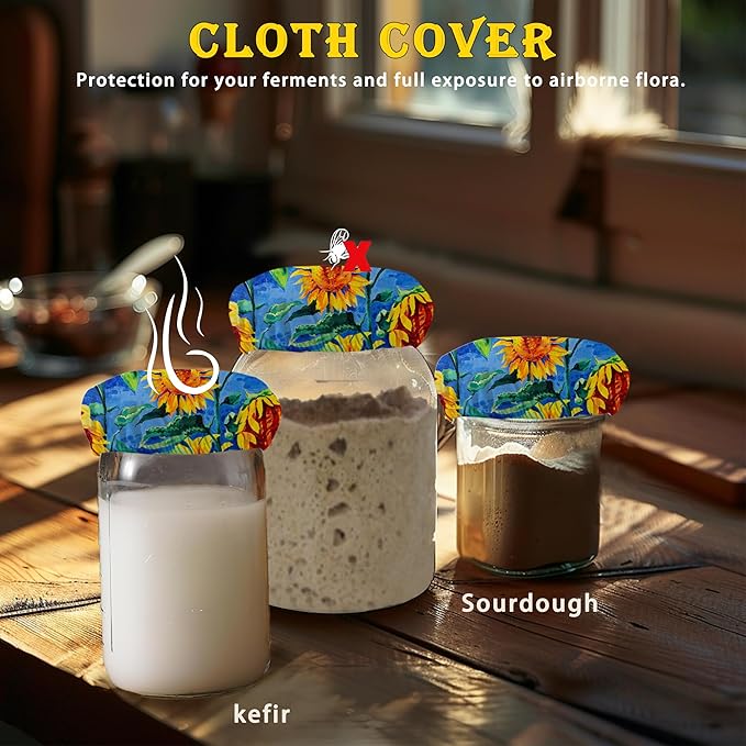 Sunflower Field Sourdough Starter Jar Cloth Covers, Gifts for Women Baker 5 Pack Kit Stretchy Cloth Bowl Lids Fits Jar Mouth Ranging 3"- 4" Inches