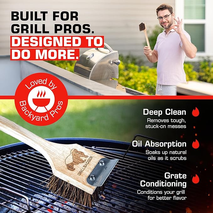 Natural Grill Brush Non Metal Bristles - Durable Non Metal Grill Brush Outdoor Grills Wooden Handle BBQ Cleaning Non-Wire High Temp Cleaner for Cast Iron Grates Safer Scrubber Tools by GRILLBADGER