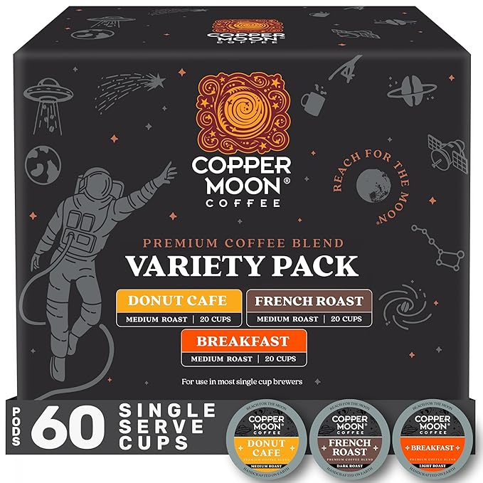 Copper Moon Single Serve Coffee Pods For Keurig K-Cup Brewers, Flavored Variety Pack (Breakfast, Donut Cafe, French Roast), 60 Count