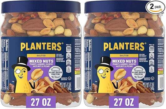 PLANTERS Salted Mixed Nuts, Party Snacks, Plant-Based Protein, 27 Oz Canister (Pack of 2)