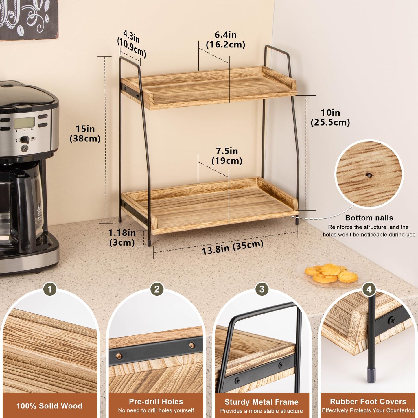 ANBOXIT Countertop Coffee Station Organizer, 2 Tier Wooden Shelf