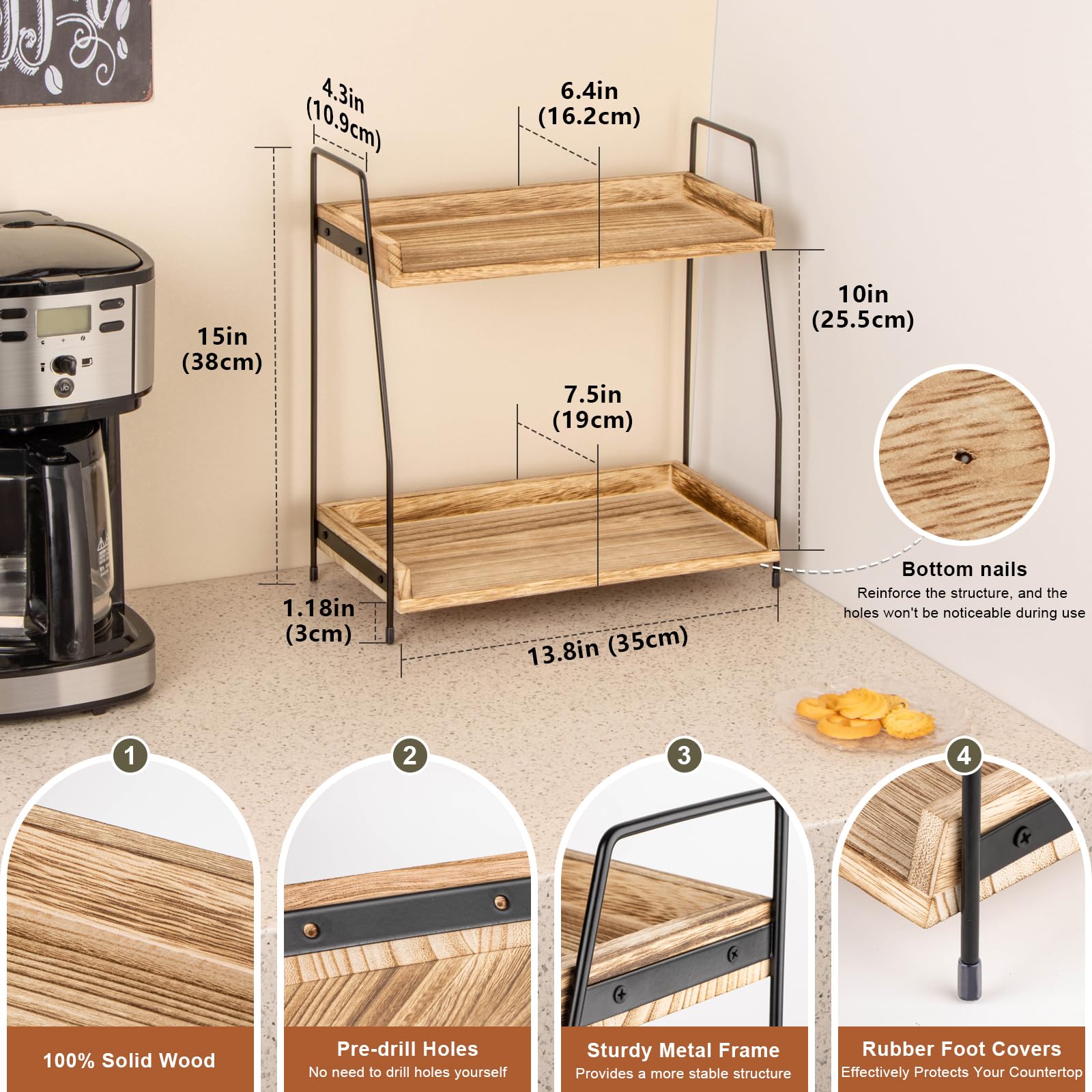 ANBOXIT Countertop Coffee Station Organizer, 2 Tier Wooden Shelf