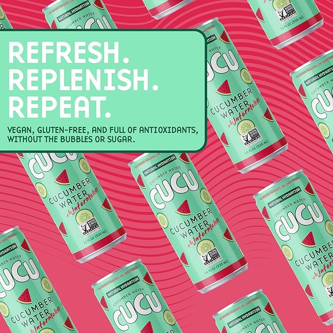 CUCU Cucumber Water + Watermelon Water ??Natural Hydration from Cucumbers with Vitamin C, Electrolytes & Antioxidants ??No Sugar Added, Non-GMO ??12 Pack, 11 fl oz Cans