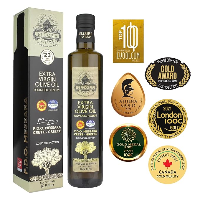 Ellora Farms, Greek Extra Virgin Olive Oil, Certified Single Estate Messara, Greece, Gold Medal Winner, Dark Bottle 17 FL oz., Pack of 2