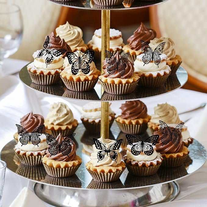 Gyufise 36 Pack Black Laser 3D Butterfly Cupcake Toppers Hollow Cake Decorations for Birthday Wedding Fairy Party Wall Sticker Decal