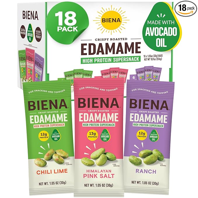 Biena Crispy Roasted Edamame Beans Snack ??High Protein Low Carb Snack for Adults & Kids, 12g-13g Protein per Serving - Made w/Avocado Oil ??Vegan, Gluten-Free ??18-Pack 1.05oz Variety Pack