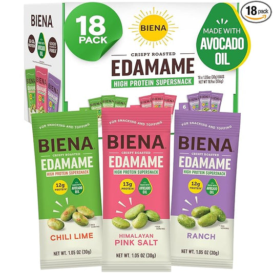 Biena Crispy Roasted Edamame Beans Snack ??High Protein Low Carb Snack for Adults & Kids, 12g-13g Protein per Serving - Made w/Avocado Oil ??Vegan, Gluten-Free ??18-Pack 1.05oz Variety Pack