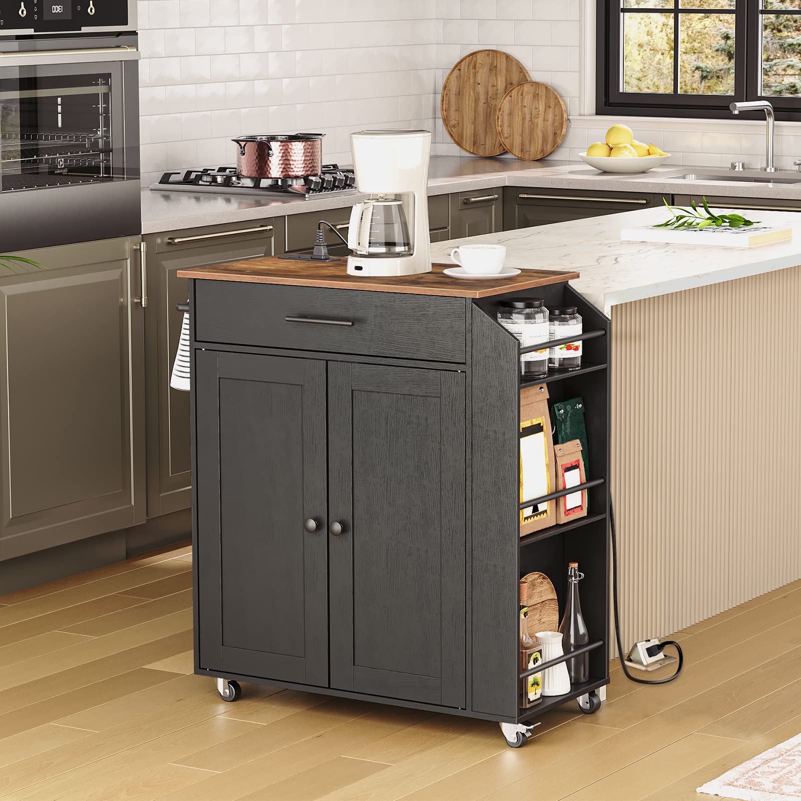 HOOBRO Kitchen Island with Power Outlet, Storage Island with Spice Rack and Drawer, Rolling Kitchen