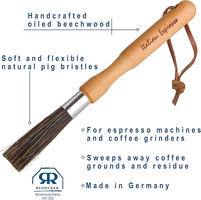 Redecker Natural Pig Bristle Espresso Maker Brush with Oiled Beechwood Handle, Narrow Brush Head Reaches Tight Spaces, Hanging Loop for Storage, 8 inches, Made in Germany