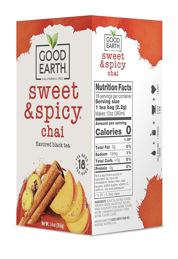 Good Earth Sweet & Spicy, Chai Black Tea, 18 Tea Bags (Pack of 6)