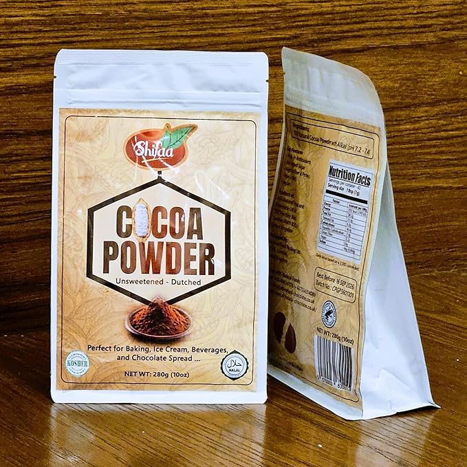 Cocoa Powder Unsweetened, Shifaa Alkalized - Reddish Brown:10-12% | Rich in Antioxidants, High Fibre & Protein | No Sugar Added | Vegan, Non-GMO | Halal & Kosher | For Baking, Drinks, Desserts ??10oz