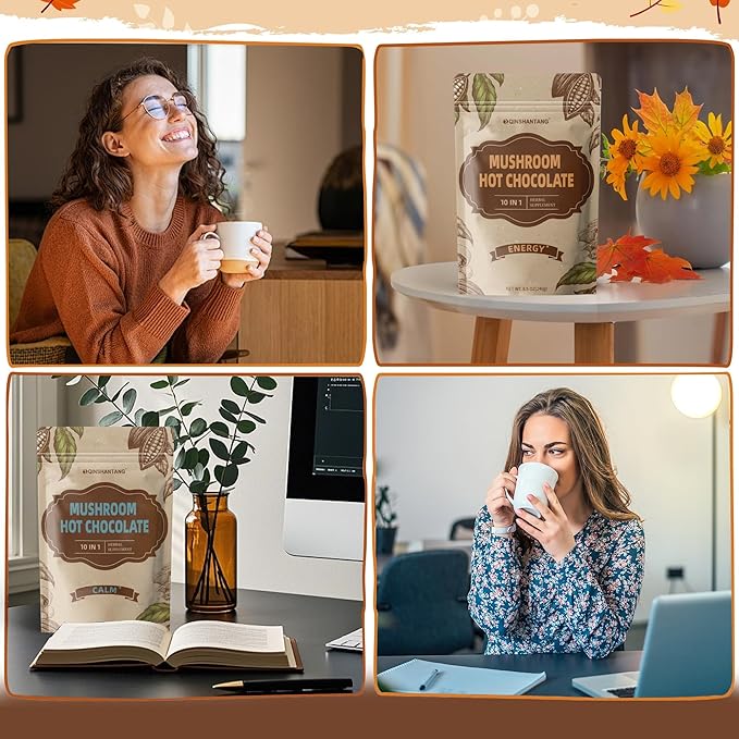 Mushroom Hot Chocolate, Cacao Powder, 8.5 Ounce | 10 IN 1 Mushroom Lion's Mane, Chaga, Reishi, Maitake and MCT Powder | Support Energy, Focus | Sugar Free, Vegan, Gluten-Free, 30 Servings