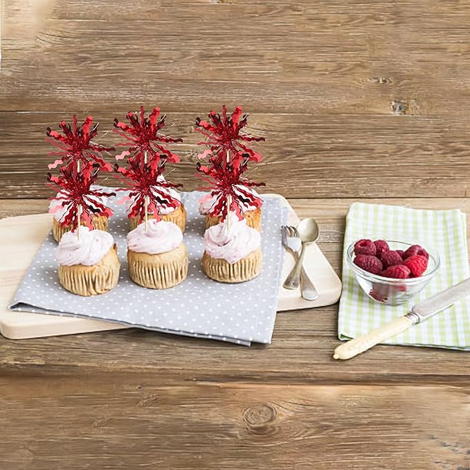 Rsstarxi 30 Pack Red Foil Firework Cupcake Toppers Red Sparkle Tinsel Drink Cake Decorations Cocktail Food Toothpicks for Happy Valentine's Day Birthday Wedding Graduation Party Decorations