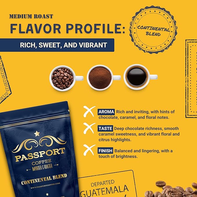 Passport Coffee Continental Blend ??Medium roast blend. Flavor notes of rich chocolate, smooth caramel, floral & citrus. Premium whole bean coffee from iconic regions, 12oz Bag