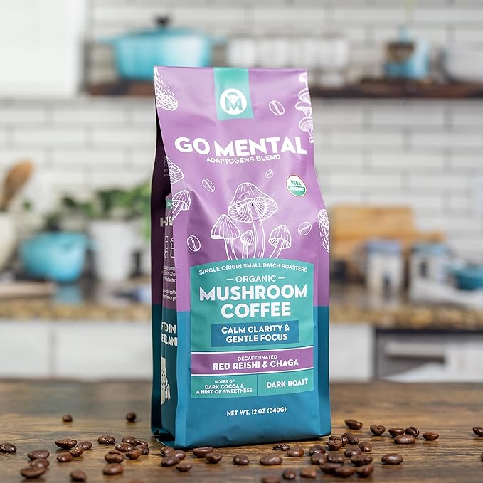 Organic Mushroom Decaffeinated Coffee Dark Roast, Red Reishi & Chaga, Swiss Water Process, Full Fruiting Bodies, Decaf for Calm and Relaxed Focus Grade 1 Single Origin Peruvian, 12oz - Ground
