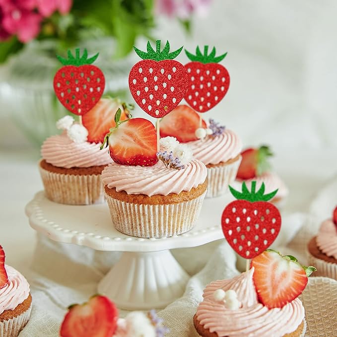 24Pcs Strawberry Cupcake Toppers Red Glitter Fruit Theme Strawberry Cupcake Pick Decorations for Summer Sweet Fruit Baby Shower Kids Birthday Party Cake Decorations Supplies