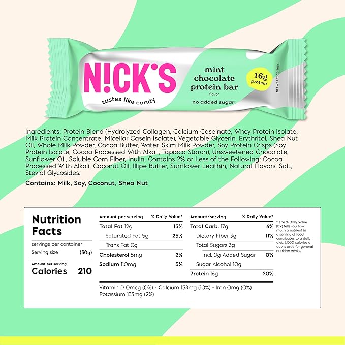 Nick?™s Mint Chocolate Protein Bars ??12-Count Box | High Protein, Low Calories, Low Carbs, Keto Friendly, No Added Sugar