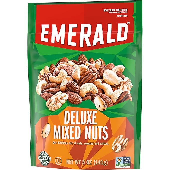 Emerald Nuts Deluxe Mixed Nuts (1-Pack), Features Roasted and Salted Nuts, Including Almonds, Cashews, Walnuts, Brazil Nuts and Pecans, 5oz Resealable Bag