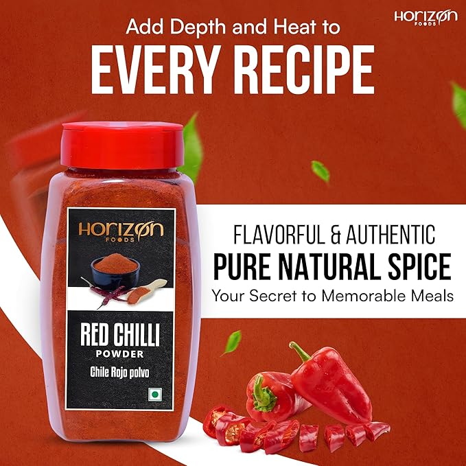 Horizon Foods Premium Red Chili Powder - 200g Indian Spice Blend for Tikka Masala Sauce, Mexican Oregano & Mixed Vegetables. Perfect Seasoning with Guajillo Chiles & Ancho Chili Flakes in Your Indian Spice Box (100g, Red Chilli Powder)