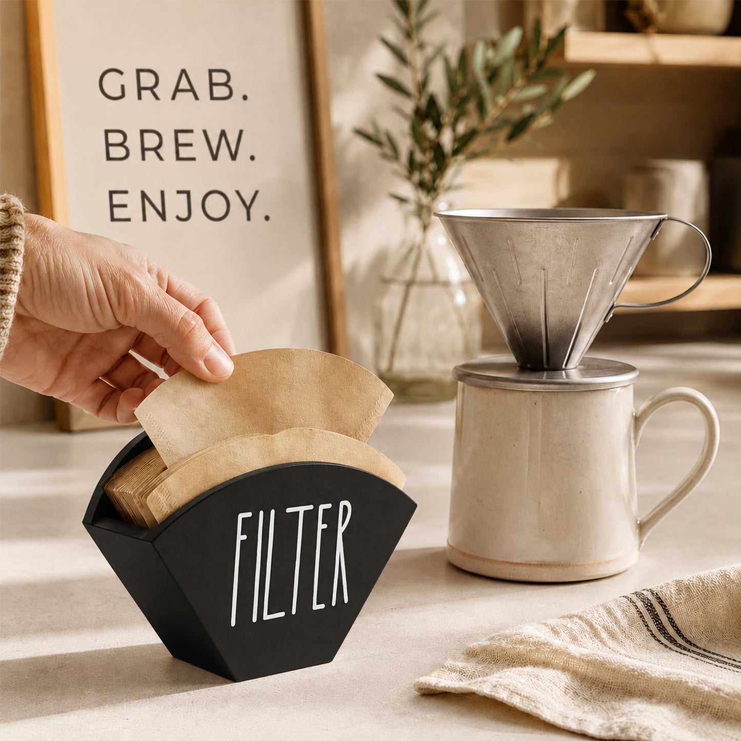 CHONIC Wood Coffee Filter Holder, Farmhouse Cone Filter Storage Organizer, Wall Mount Coffee Bar &