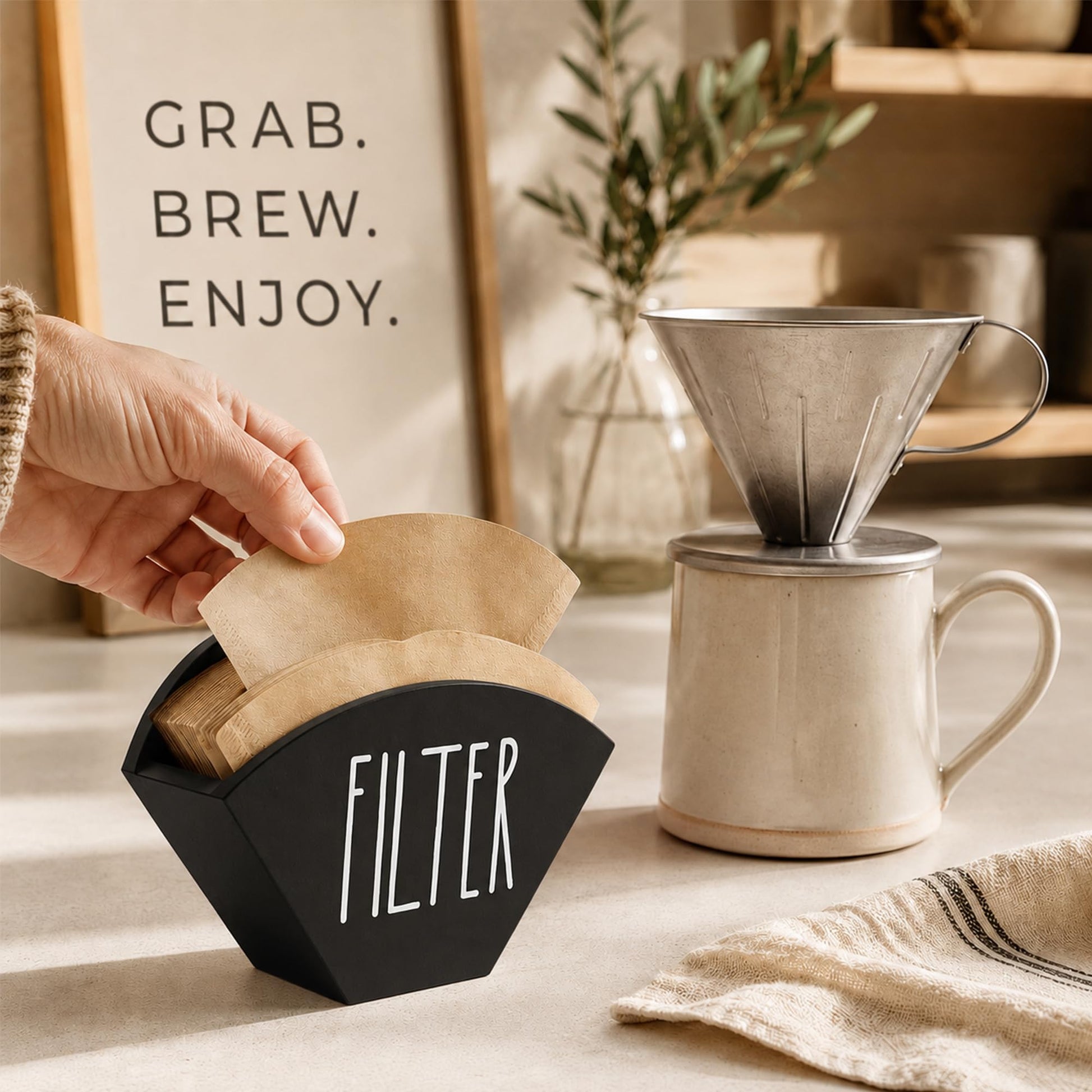 CHONIC Wood Coffee Filter Holder, Farmhouse Cone Filter Storage Organizer, Wall Mount Coffee Bar &