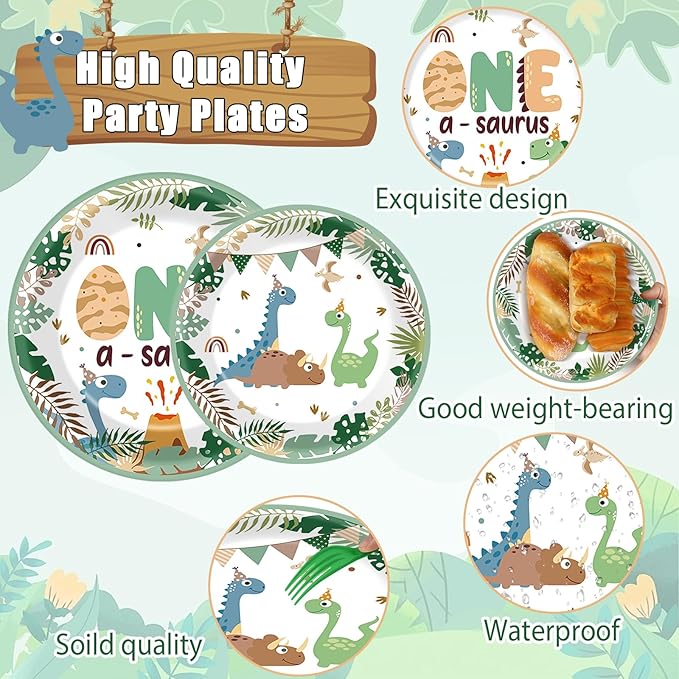 96Pcs One A Saurus Dinosaur 1st Birthday Plates and Napkins Boho Dino First Party Decorations Dinosaur First Dessert Plates Cartoon Jungle Dino 1st Tableware for 24 Guests Kids Birthday Party Supplies
