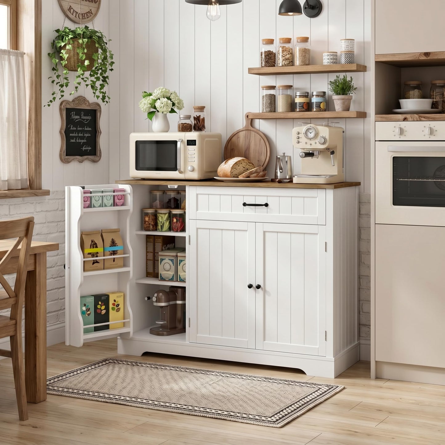 Gizoon Kitchen Coffee Bar Cabinet with Storage, White and Rustic