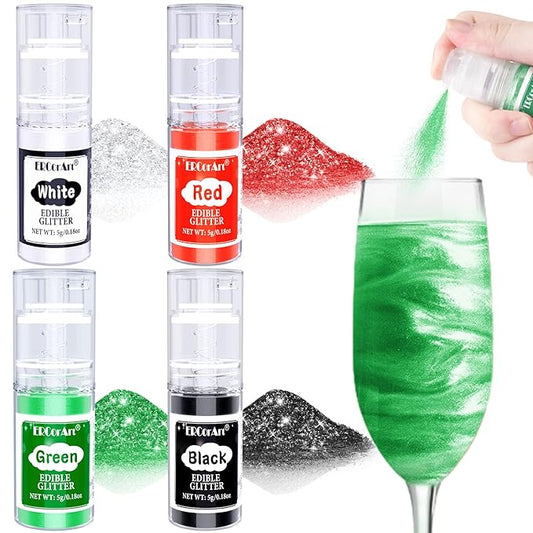Edible Glitter Spray - 4 Color Edible Glitter for Cocktails, Food Grade Luster Dust Edible, Cake Decorating Shimmering Glitter, Metallic Powder Glitter for Drink, Baking, Chocolate, Icing - 5g Each
