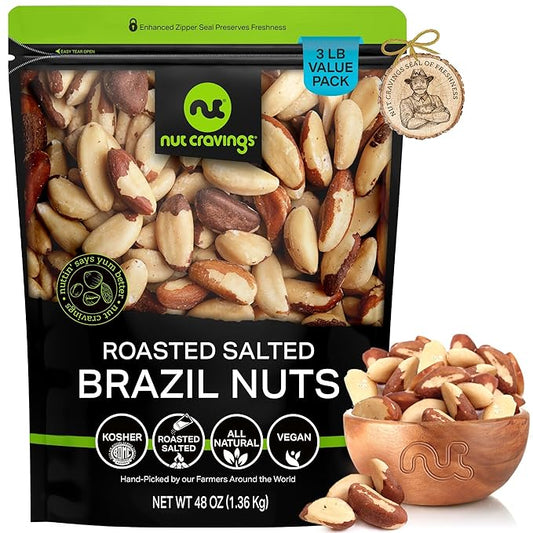 NUT CRAVINGS - Brazil Nuts Roasted & Salted - No Shell, Whole (48oz - 3 LB) Bulk Nuts Packed Fresh in Resealable Bag - Healthy Protein Food Snack, Food Assortments