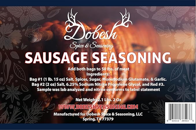 Dobesh Sausage Seasoning Mix with Cure - Czech Flavor Sausage Seasoning Mix for Venison, Beef, Pork, Elk, Deer, Wild Game and Domestic Meat - Sausage Seasoning Kit Makes up to 50Lbs of Sausage (2.1 LB)