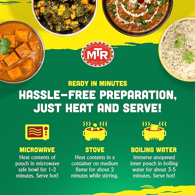 MTR Ready-To-Eat: Dhaba Mix - Assorted Pack of 4 (Alu Methi, Dal Makhani, Paneer Makhani, Jeera Rice) - Authentic Indian Food with No Added Preservatives - Suitable for Vegetarians