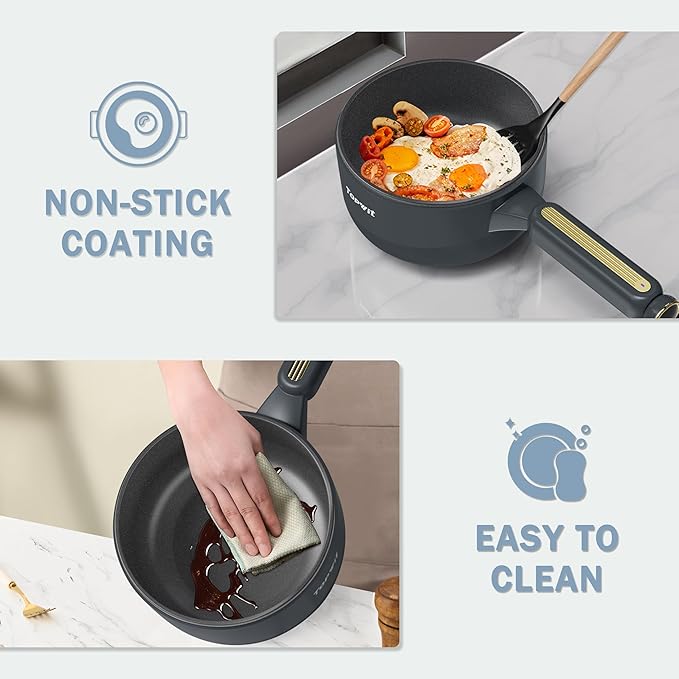 TOPWIT Hot Pot Electric with Steamer, 2L Multifunctional Electric Pot, Non-Stick Saut챕 Pan, Portable Pot for Steak, Fried Rice, Ramen, Soup with Dual Power Control (Silicone Spatula Included), Grey