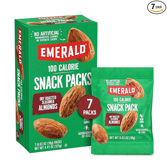 Emerald Nuts Dry Roasted Almonds 7ct (1-Pack) | 100-Calorie Individual Snack Packs | Plant-Based Protein, Kosher Certified, Non-GMO | Contains No Artificial Preservatives, Flavors or Synthetic Colors