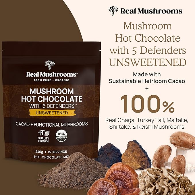 Real Mushrooms Unsweetened Hot Chocolate Mix with 5 Defenders ??Reishi, Chaga, Turkey Tail, Maitake, Shiitake ??Coco Powdered Unsweetened ??Organic Cacao Powder Supplement, Vegan, 15 Servings