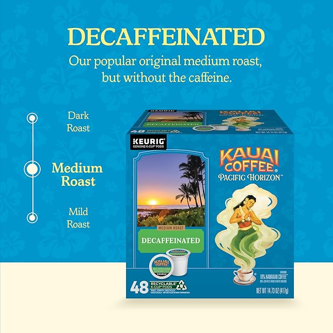Kauai Coffee K-Cup Pods for Keurig Brewers – Arabica Coffee, 10% Hawaiian – Medium Roast, Bright Aroma with Floral Notes – Decaf, 1 Pack of 48 Single Serve K-Cups