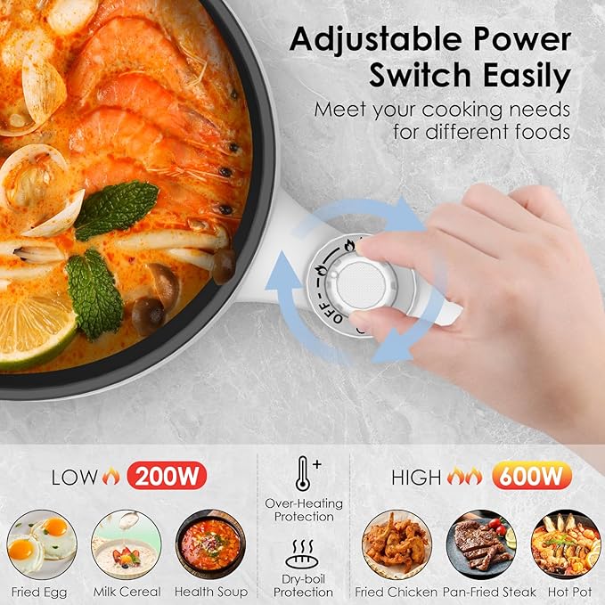 Audecook Hot Pot Electric, 1.7L Mini Electric Skillet Portable Nonstick Saut챕 Pan with Power Adjustment, Rapid Noodles Cooker Travel Multicooker for Steak/Soup/Egg/Oatmeal/Noodles