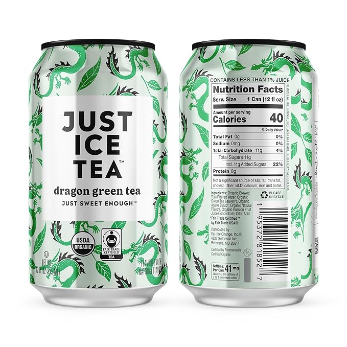 Just Ice Tea, Dragon Green Iced Tea, 24-Pack (12oz Cans), Green Tea, USDA Certified Organic, Real Brewed, Low Calorie, No Artificial Sweeteners, Fair Trade, Made in USA.