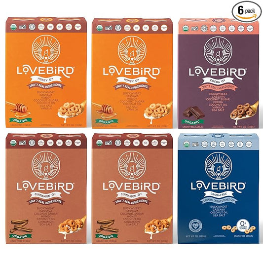 Lovebird Organic Gluten Free Cereal, Variety Pack ??Prebiotic Fiber, Gut Health, Low Sugar, Grain Free, Breakfast or Snack ??Healthy Cereal Made With Real Food, 6 Pack, Kids & Adults