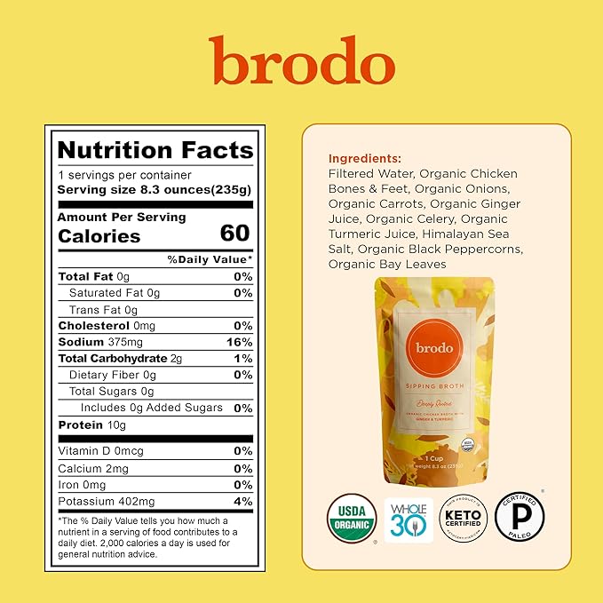 Brodo Bone Broth Bundle with Variety & Classic Packs, Chicken & Ginger, and Spicy Chicken Broths, 18 x 8.3 oz and 4 x 25 oz (30 Cups Total)