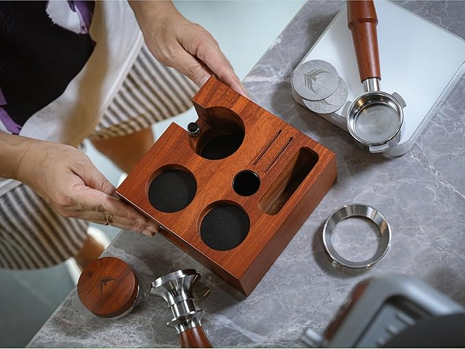 58mm Espresso Knock Box Set ??Rosewood Tamping Station Organizer & Coffee Grounds Bin | Professional Espresso Accessories for 58mm Portafilter Machines