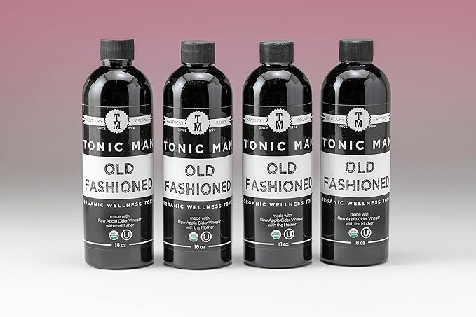 Tonic Man Old Fashioned Organic Wellness Tonic Made with Raw Apple Cider Vinegar Kosher Organic Apple & Grape Juices 12 Herbs & Spices Energize Body | Immunity Booster Non-GMO 16oz Bottle Pack of 4