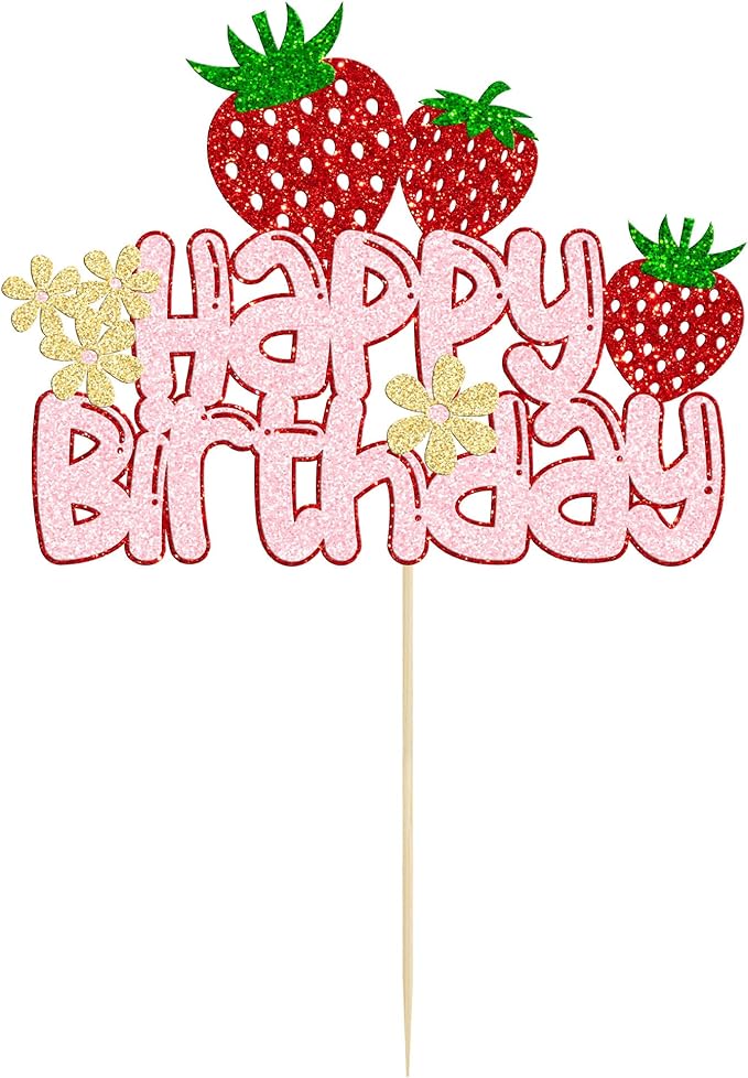 1 Pack Happy Birthday Cake Topper Glitter Strawberry Cake Pick for Fruit Theme Baby Shower Kids Birthday Party Strawberry Fruit Party Cake Decorations Supplies