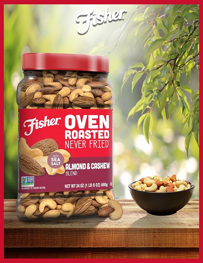 Fisher Oven Roasted Never Fried Almond & Cashew Blend, 24 Ounces (Pack of 1), Healthy Snacks for Adults, No Added Oil, Artificial Ingredients or Preservatives, Trail Mix, Gluten Free