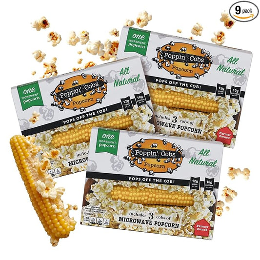 Poppin Cobs Microwave Popcorn on the Cob (9 PK) (Original) Whole Popcorn Kernels, Individually Wrapped Healthy Pop Corn on the Cob with Bags, Gluten Free Fun Snack Perfect for Movie Nights