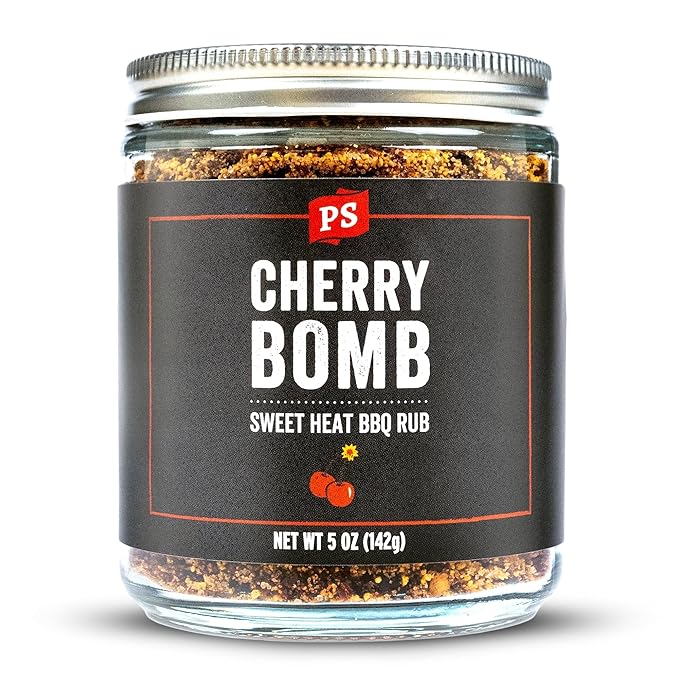 PS Seasoning Cherry Bomb Dry Rub - Sweet Heat BBQ Seasonings and Rubs for Smoking, Grilling, Baking - Smoky Cherry Rub - BBQ Rubs and Spices for Grilling Ribs, Pulled Pork, Chops, Salmon, Wings, 5oz