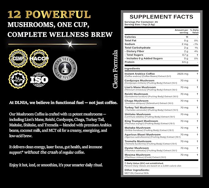 DLNIA Organic Mushroom Coffee with 12 Adaptogenic Mushrooms, Arabica Beans, Coconut Milk & MCT Oil | Cordyceps, Lion?™s Mane & Turkey Tail Instant Coffee for Better Energy, Focus, Digestion, Immunity