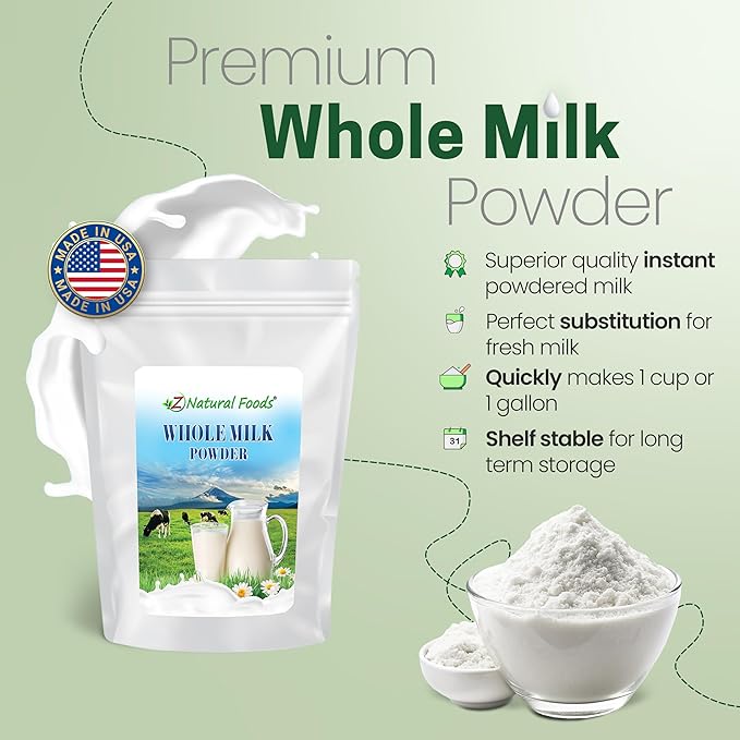 Z Natural Foods Premium Whole Milk Powder - Powdered Milk for Baking, Cooking, Drinks - Dry Milk Powder, Pasteurized, Non-GMO, Gluten-Free, Kosher-Certified, 55 lbs