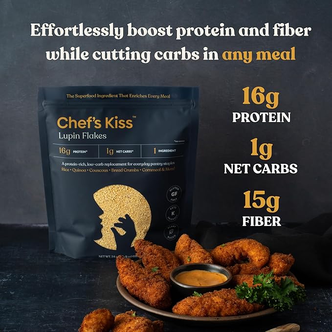 Chef???Kiss Lupin Flakes | 16g Protein, 1g Net Carbs, 15g Fiber | Gluten Free, Low Glycemic, Low Carb | Rice, Couscous, Cornmeal, Breadcrumb Alternative | High Protein, Keto |17 Servings, (24oz)